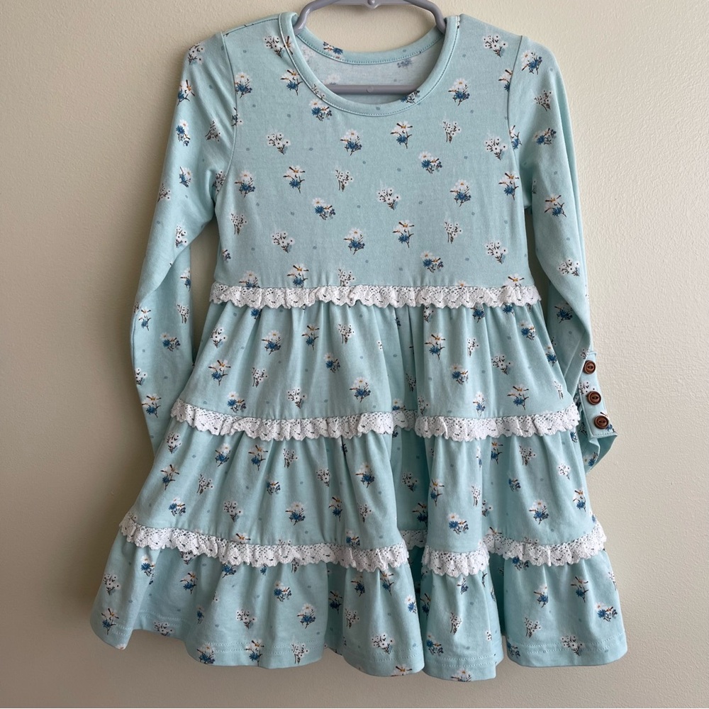 Serendipity Toddler Girl's 2T-3T Blue Ruffle Tiered Floral Twirl Fall Dress